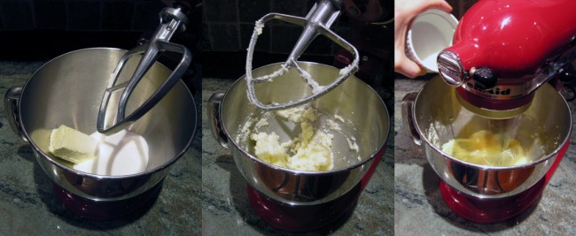 Mixing butter, sugar and adding eggs