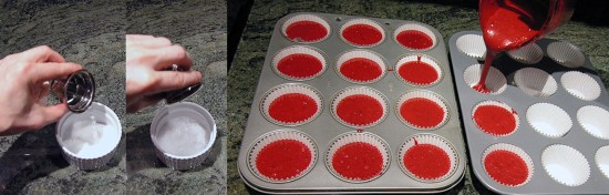 Combine Baking Soda and Vinegar and line cupcake tins