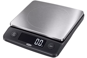 Digital kitchen scale used to weigh baking ingredients