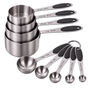Stainless steel measuring cups and spoons for baking ingredients