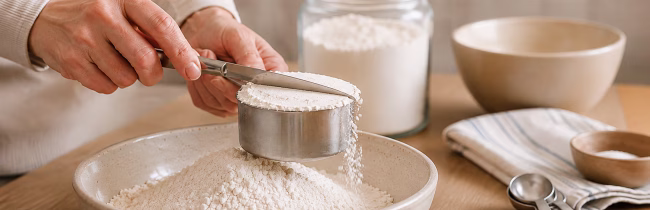 Hand leveling a measuring cup of flour over a mixing bowl for accurate baking measurements.